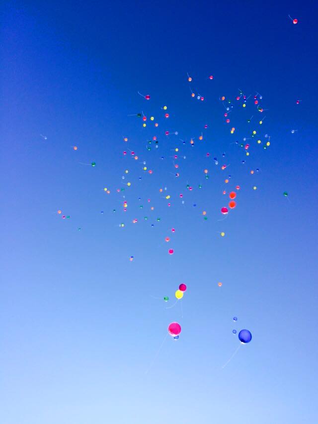 The rainbow of balloons we released for Paige!